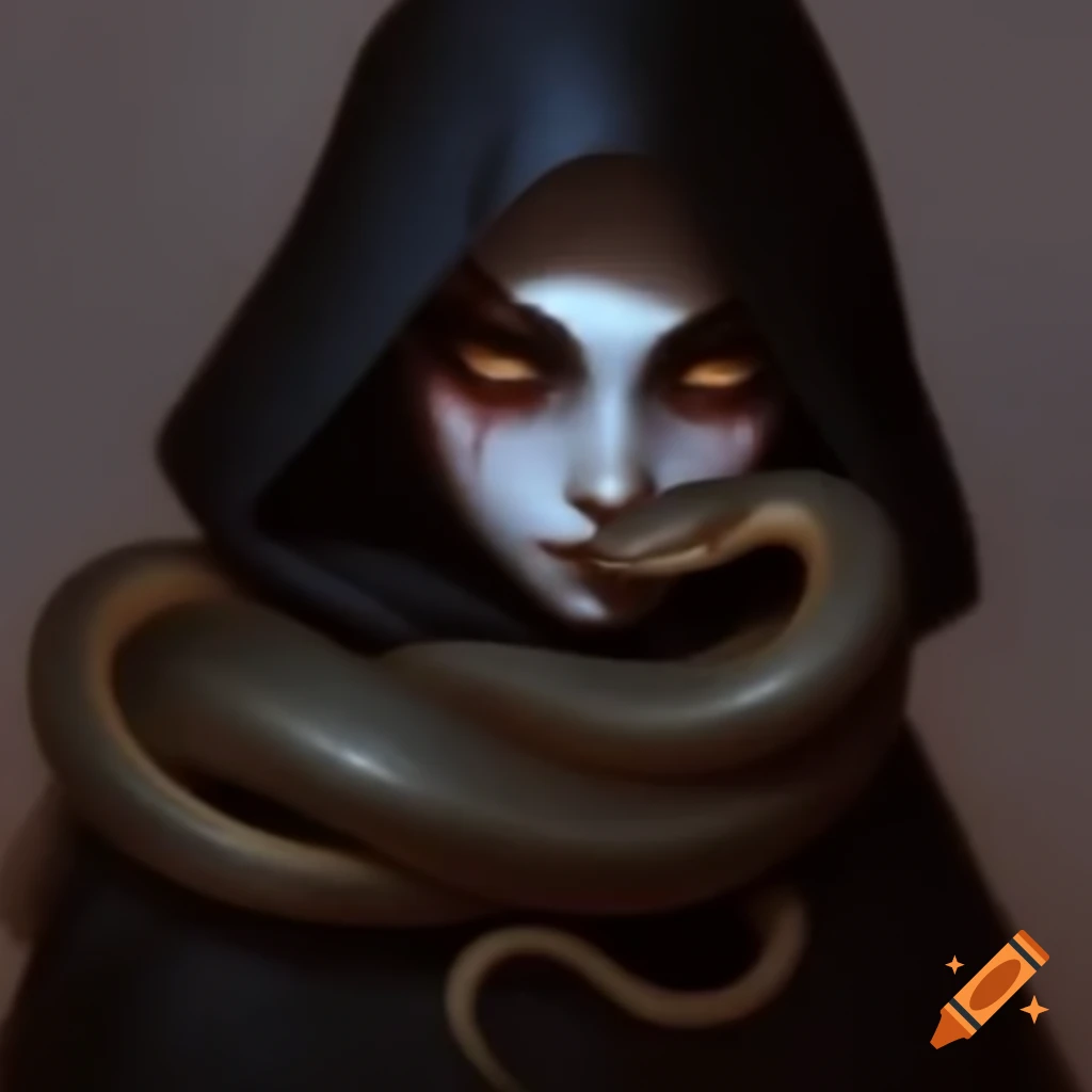 Zombi figure in dark cloak with scarf and snake on shoulder