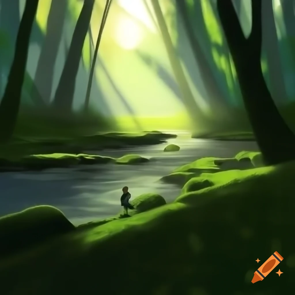 Sunlight filtering through leaves on mossy riverbank with girl wandering