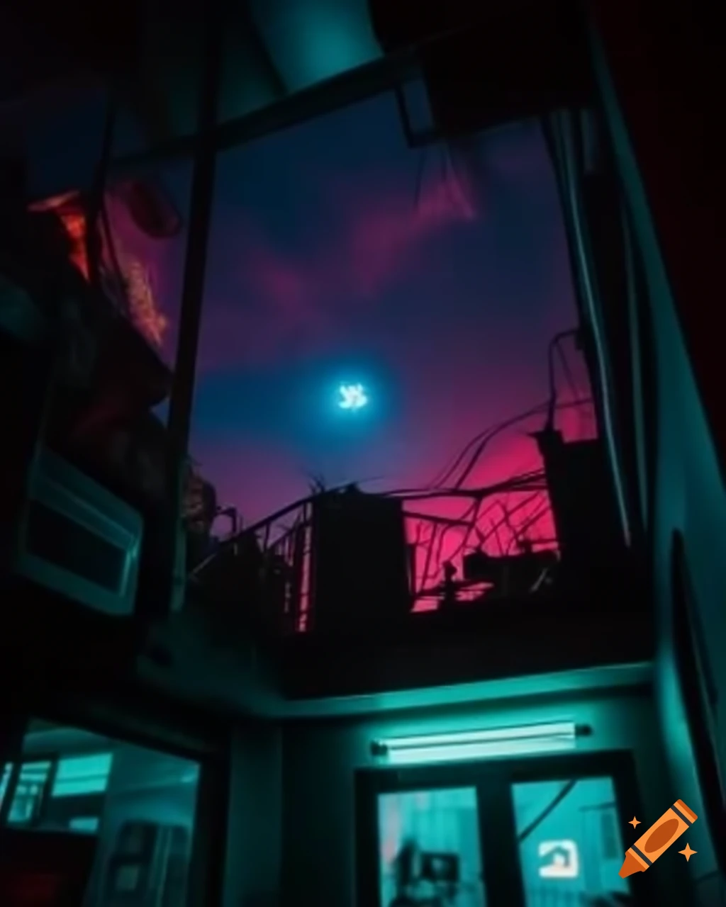 Cyberpunk scene with neon sky and low-light building windows in analogue film style