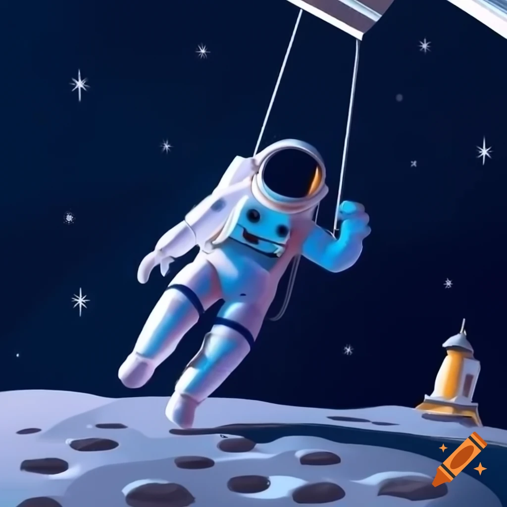 Astronaut suspended from crane on moon's surface