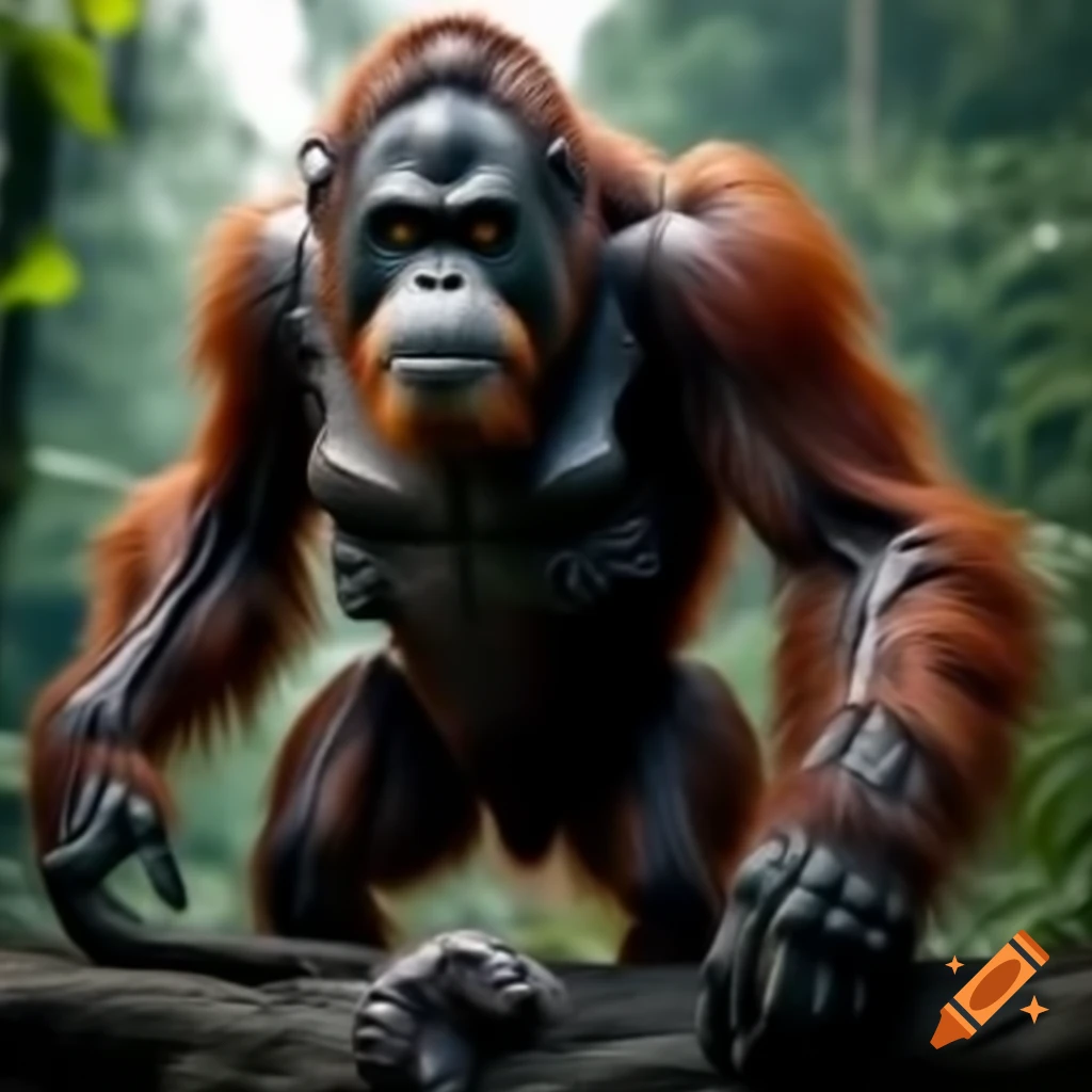 Cyborg orangutan battling alien insect dinosaur