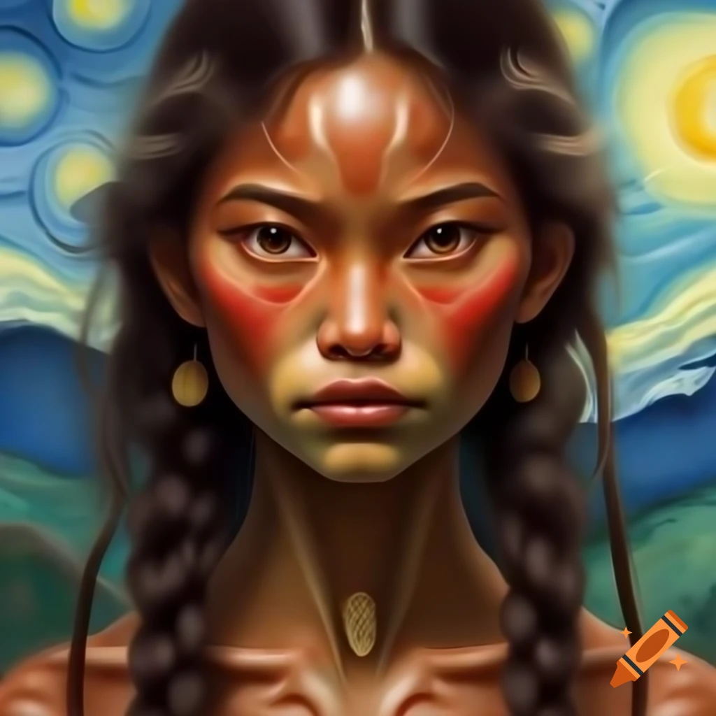 Full-body portrait of a Maori princess in animated watercolor and Rembrandt style