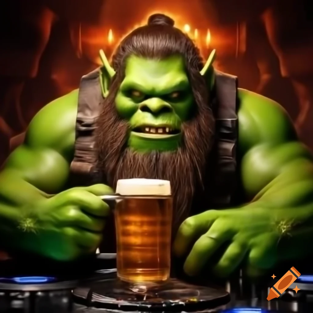 Green ogre DJ with long beard at castle, enjoying a beer