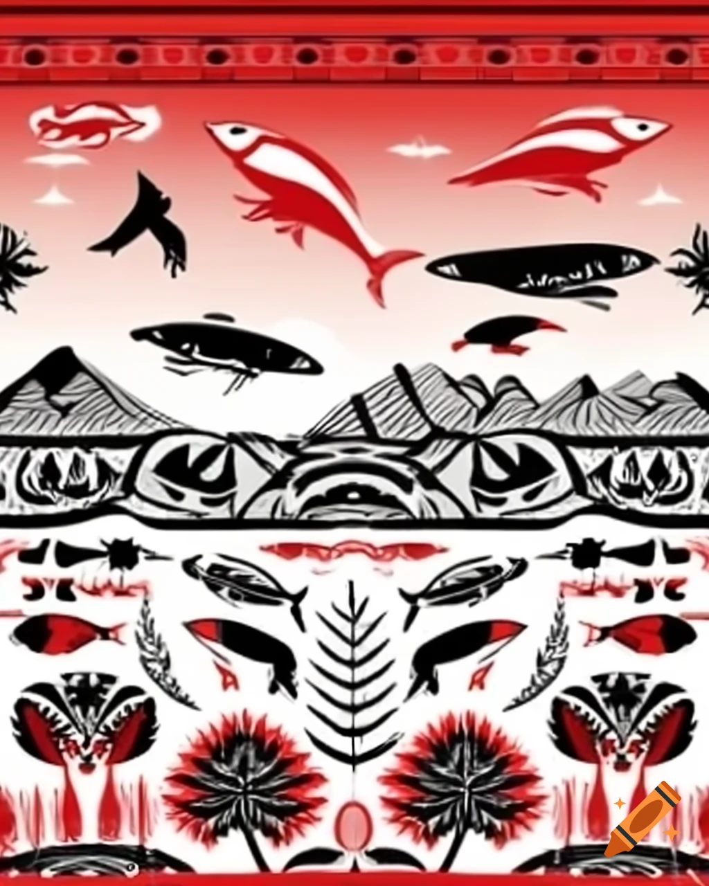 Salish designs with Seahawks, ravens, shorebirds, fish, and bears in bold outlines