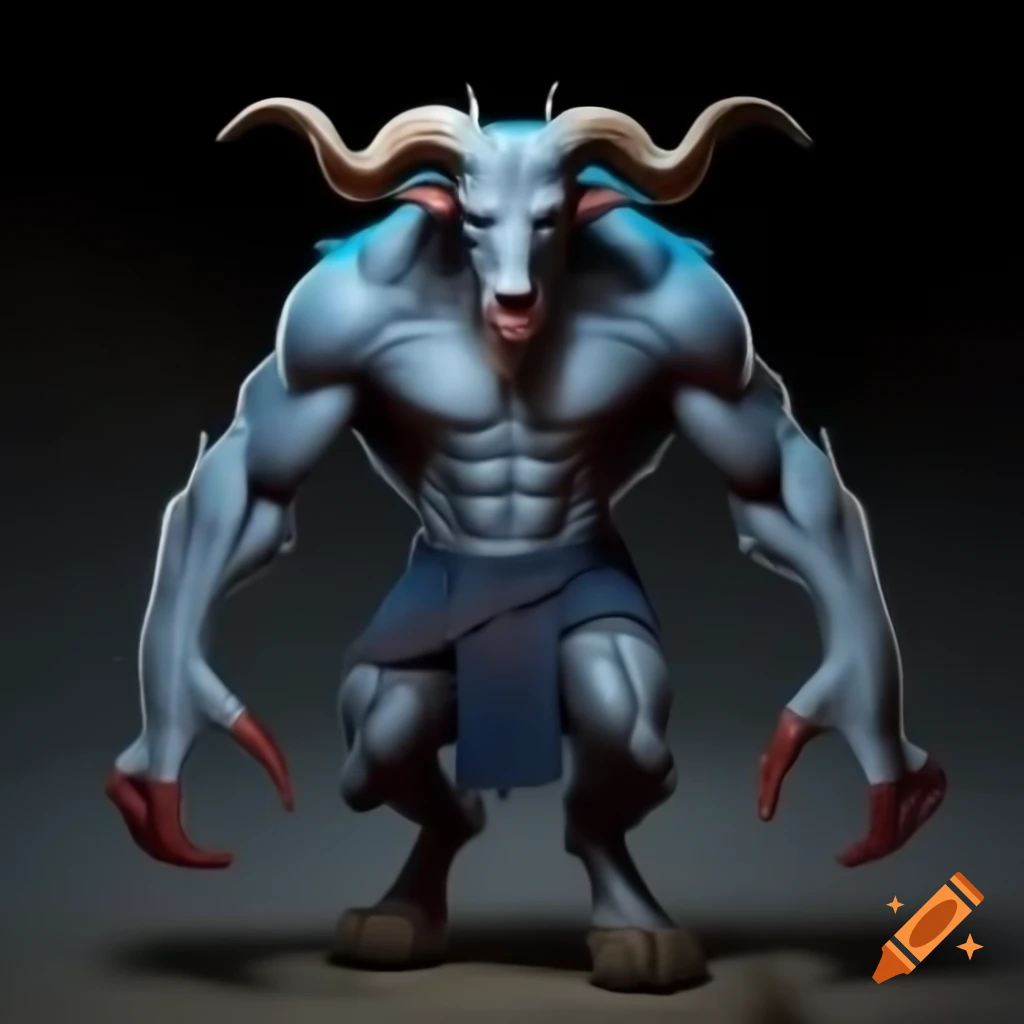 Powerful goat-headed demon figure with large horns and muscular legs, standing in serious posture