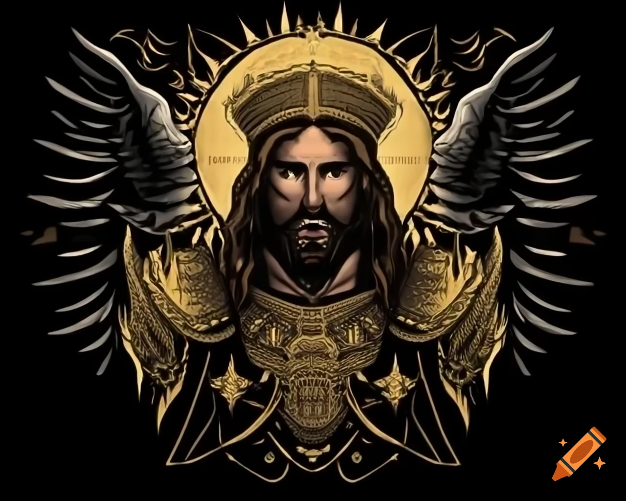 Jesus Christ in gold armor standing over tormented souls, repelling darkness with light and angelic wings