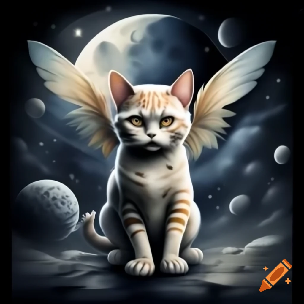 Hyper-realistic cat with wings on the moon in outer space, surrounded by eyes