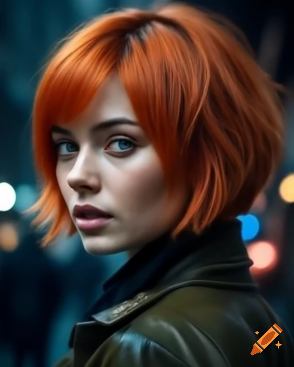 Realistic portrait of a woman with orange layered bob hairstyle gazing at the sky