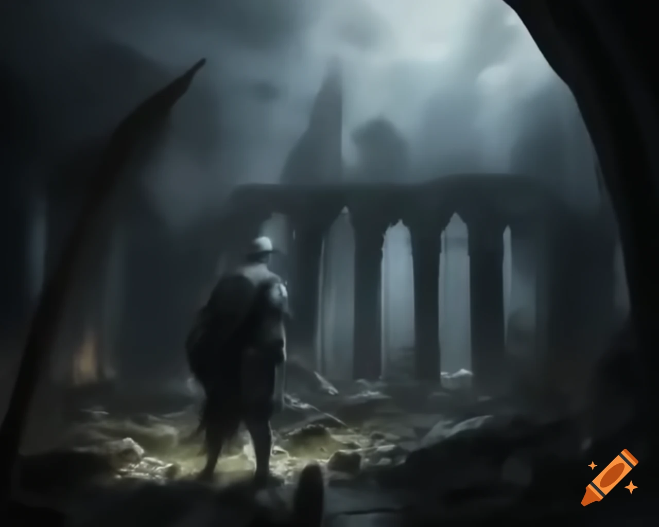 Lone knight surveying battlefield ruins with broken swords and tattered banners