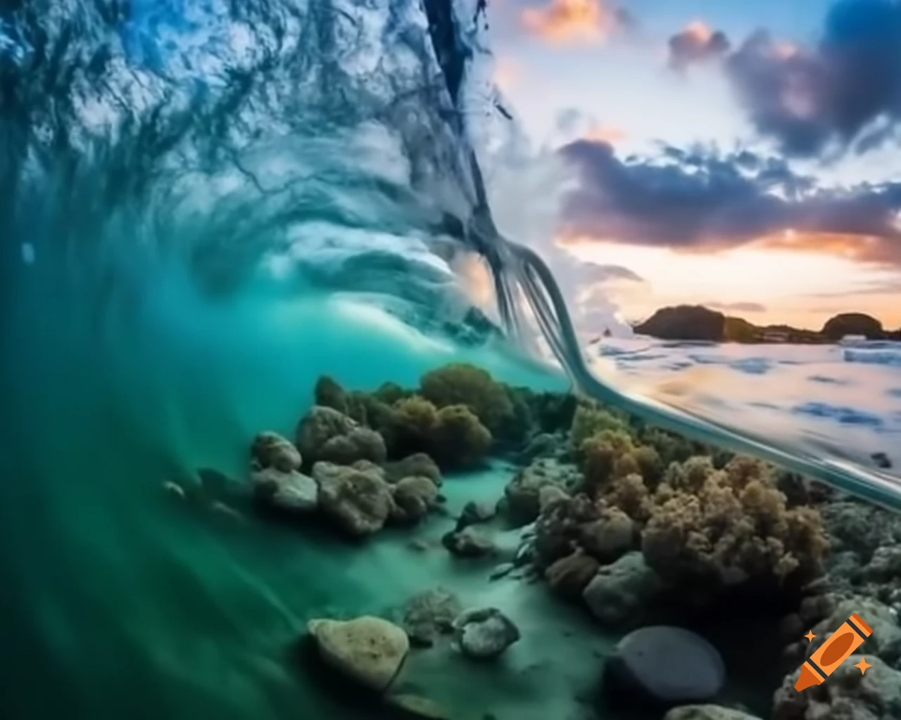 Cinematic view from inside a wave showing celestial seabed with corals and sunrise