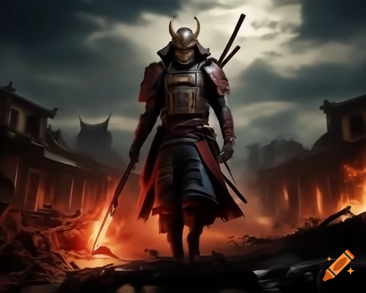 Cybernetic samurai with plasma axe in apocalyptic setting