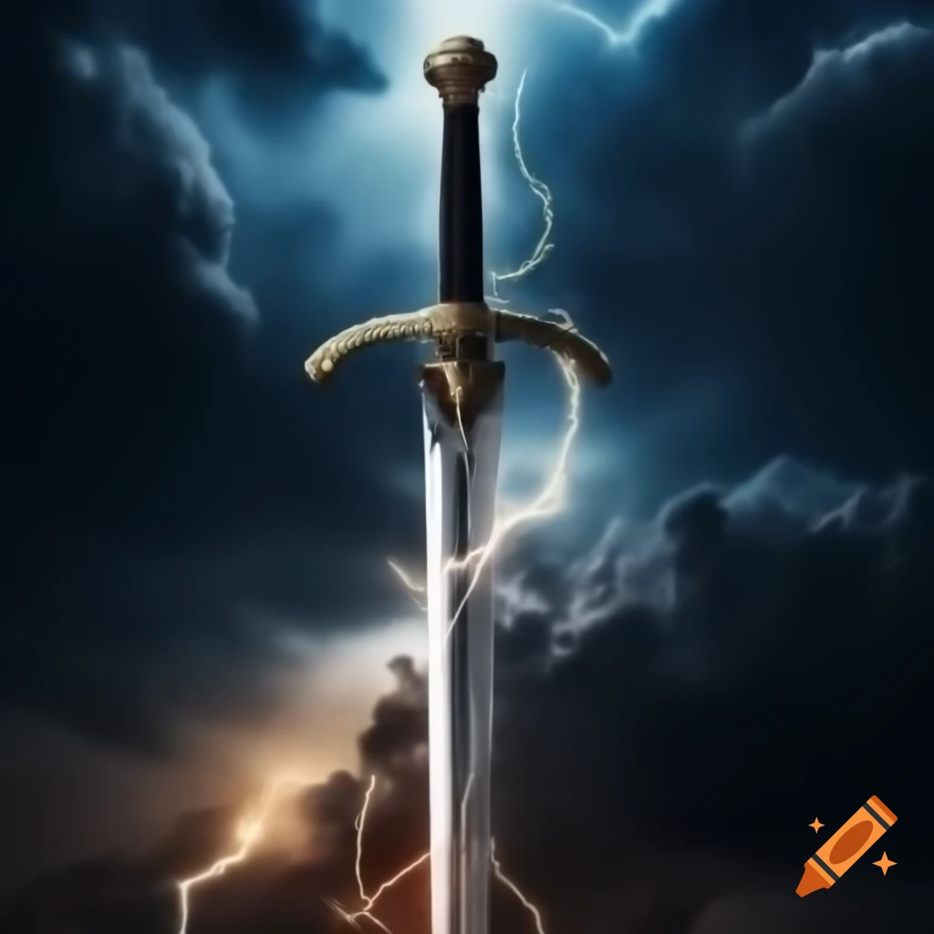 Sword illuminated by lightning in the background