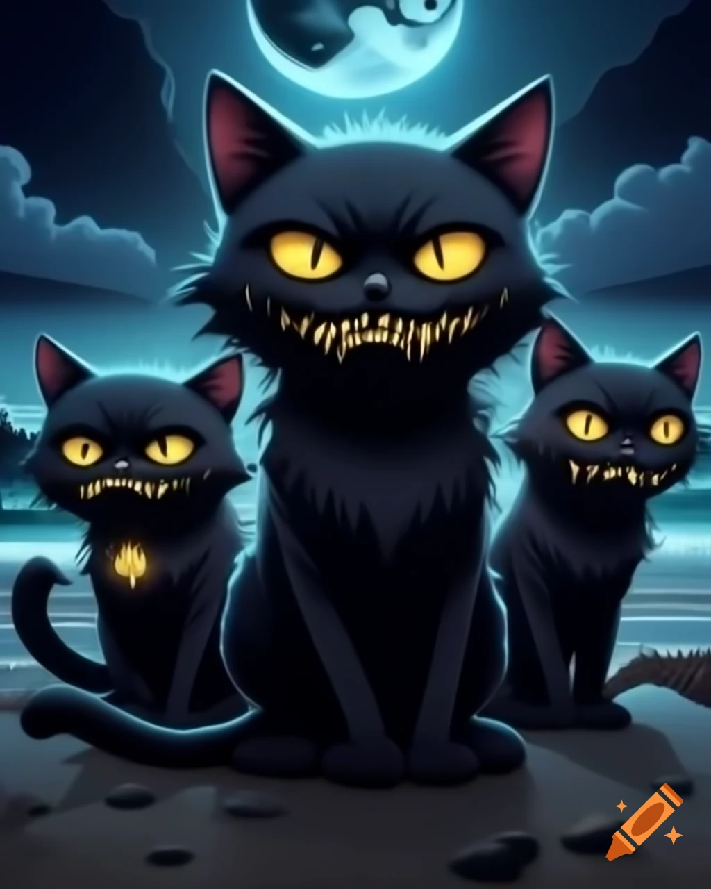 Beach scene with black cats featuring glowing eyes