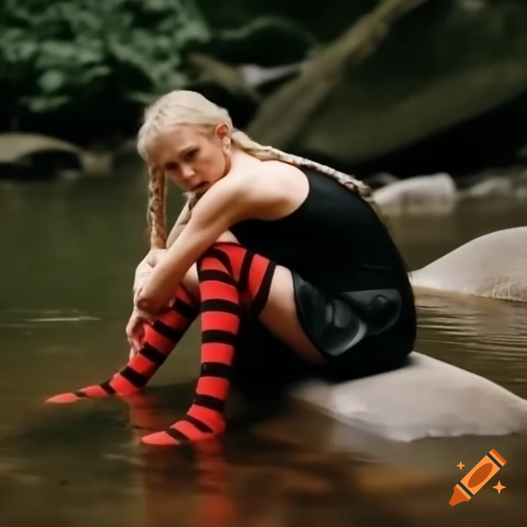 Woman with blonde braids dipping toes in stream while sitting on rock, wearing mismatched socks