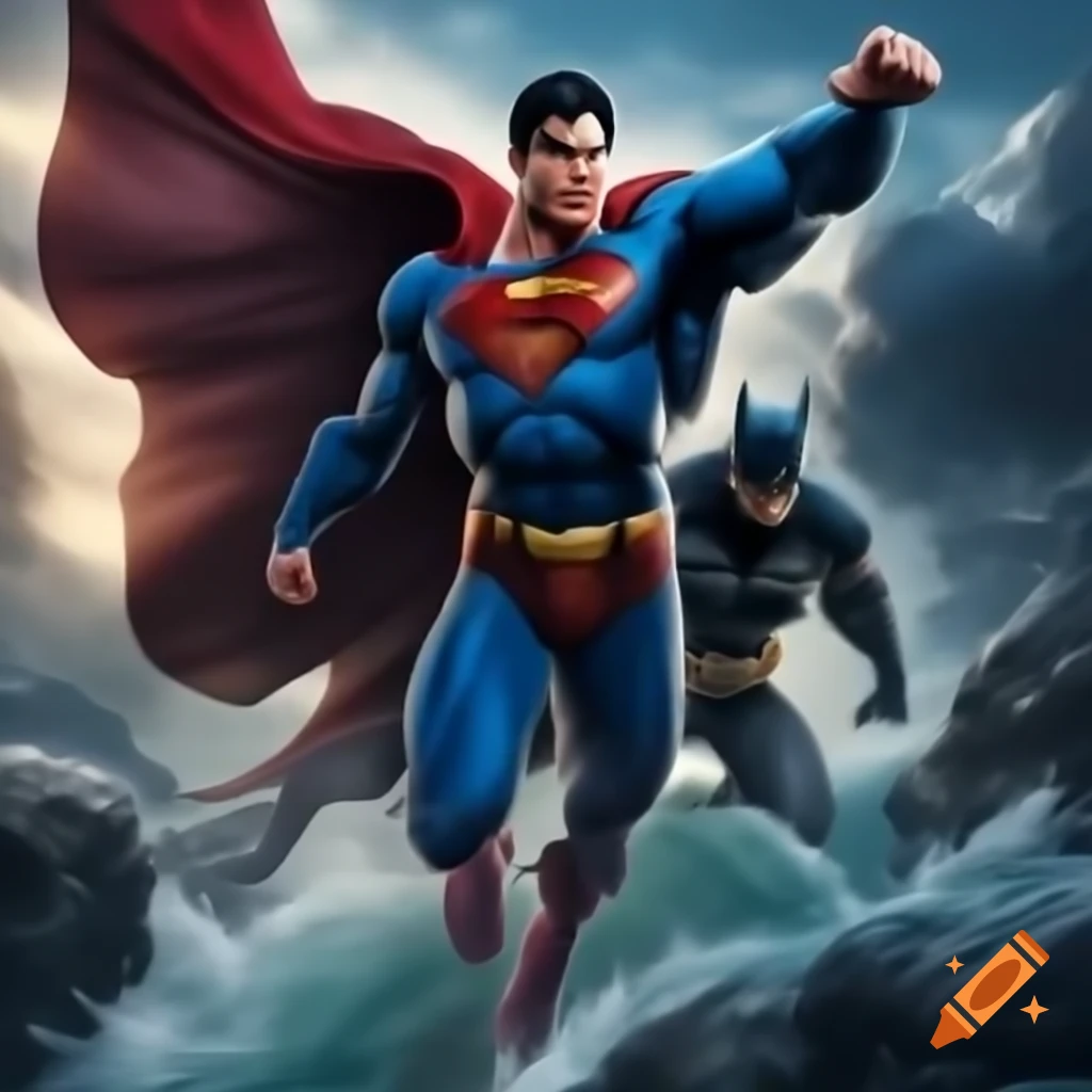 Superman and Batman flying through the sky to stop lava