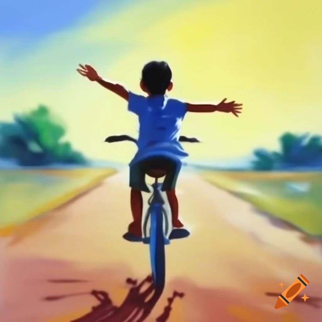 Child on bicycle with arms raised depicting happiness and freedom, fine lines