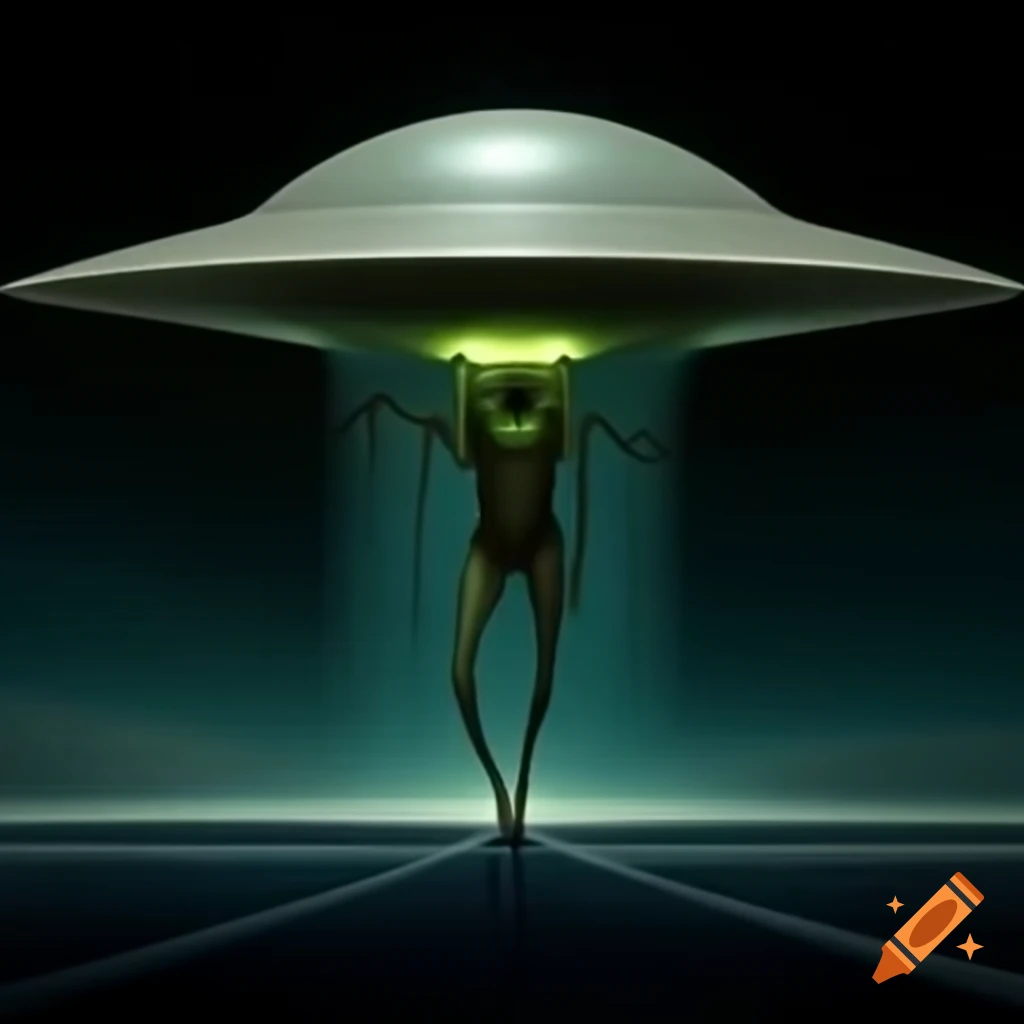 Realistic depiction of an alien in beam of light from UFO, slender body and large black eyes