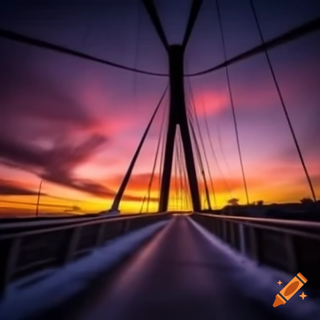 Dawn illuminating bridge silhouette against pink and orange sky