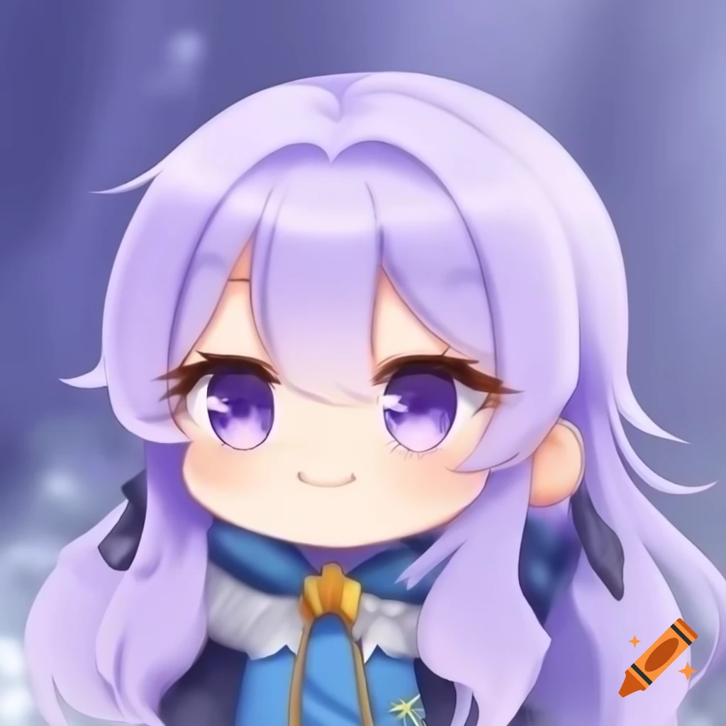 Anime chibi character with lavender hair in a snowy setting