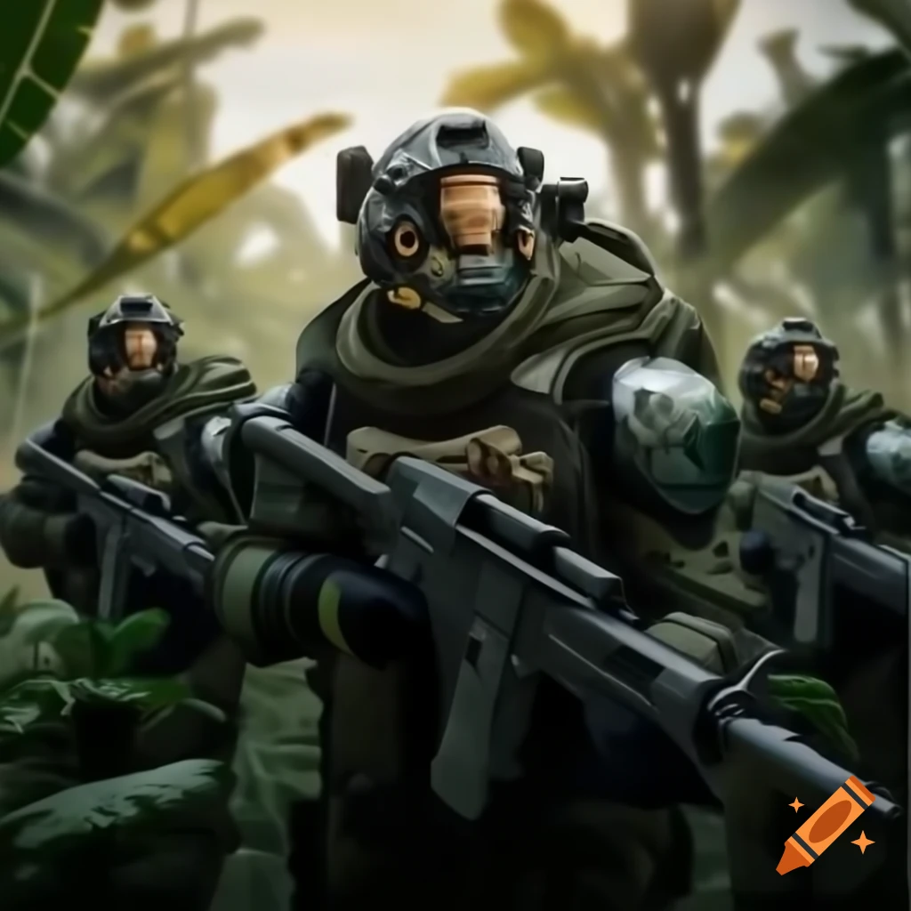 Fierce soldiers in armored suits ambushing laser-armed troops in Tiberium-infested jungle