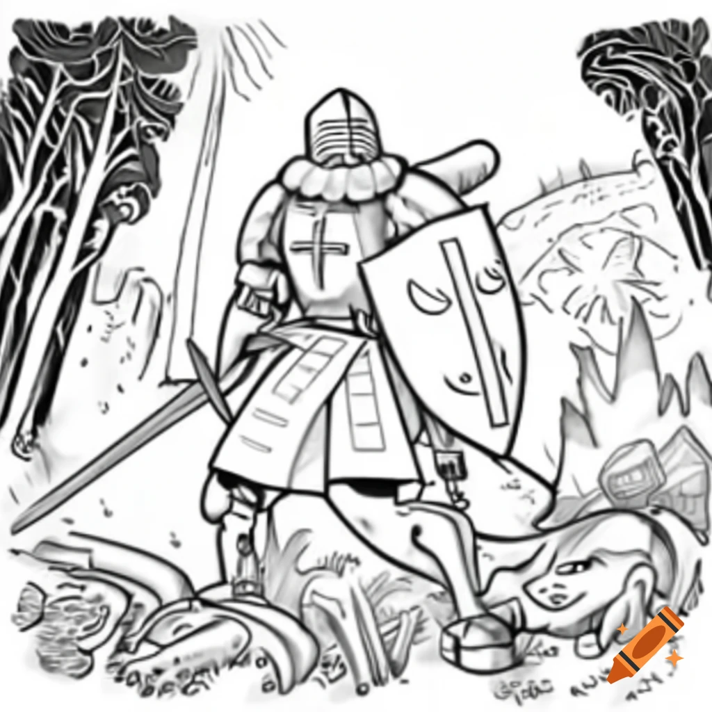 Knight In Armor With Sword Raised In Battle In Dark Forest Black And knight-in-armor-with-sword-raised-in-battle-in-dark-forest-black-and