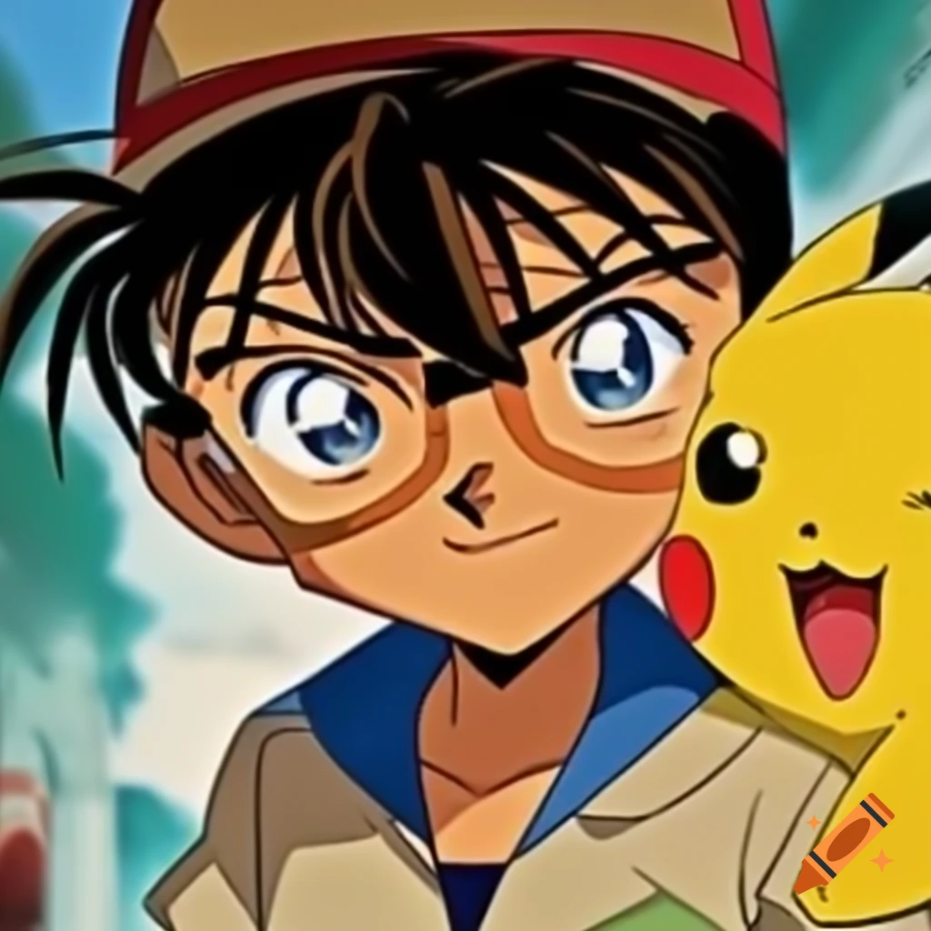 Detective Conan alongside Pikachu in a playful scene