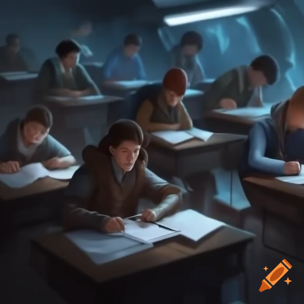 Students studying in a dystopian futuristic classroom