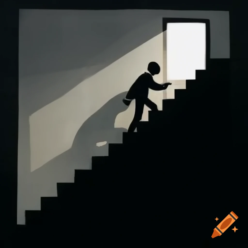 Silhouette of person climbing diagonal stairs with window in the middle