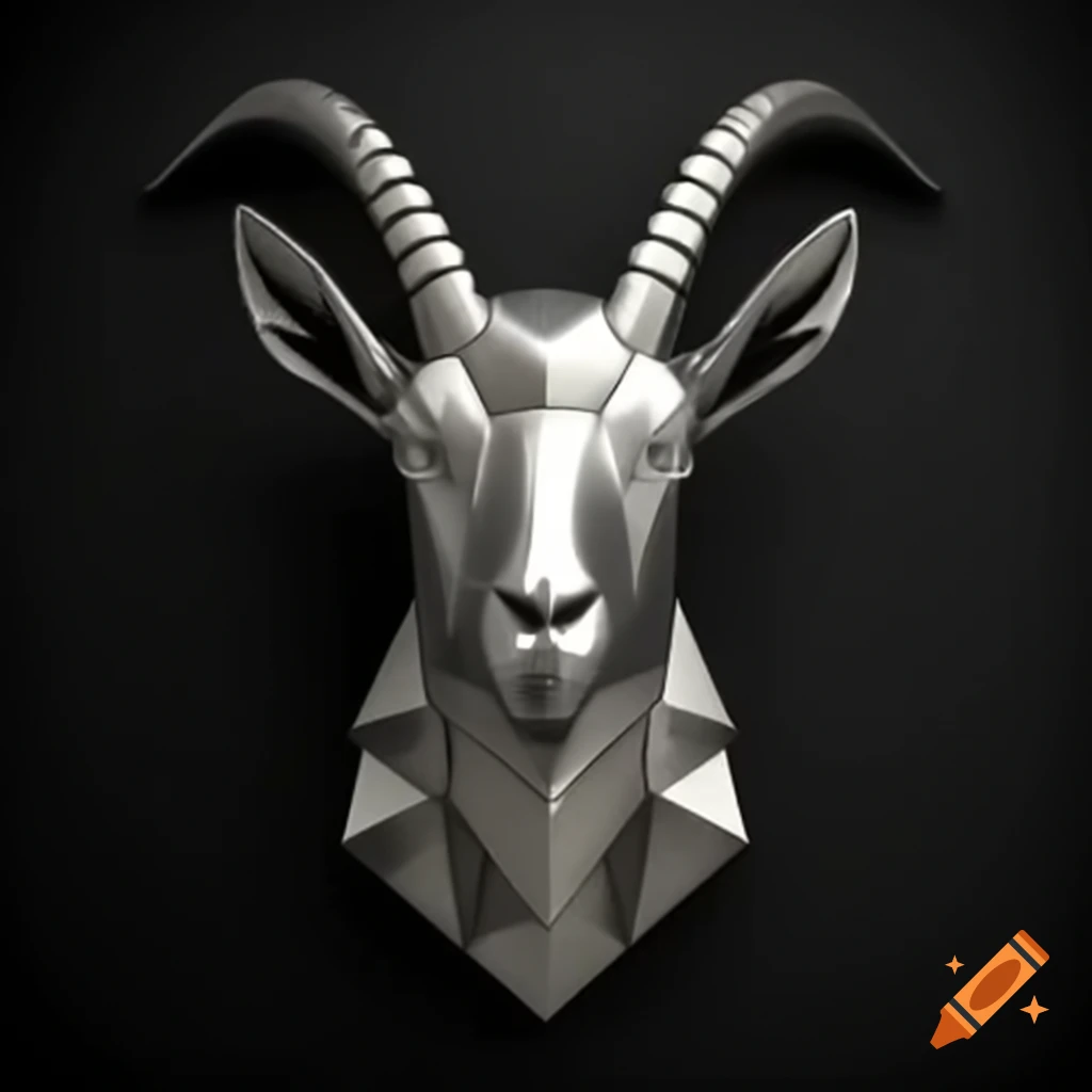 3D polygonal silver metallic goat bust on black background