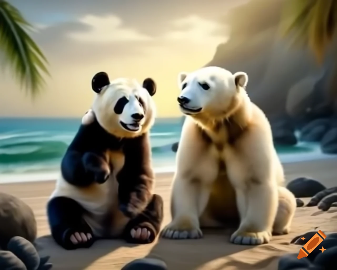Panda bear and polar bear sitting at beach under warm sunlight, detailed painting
