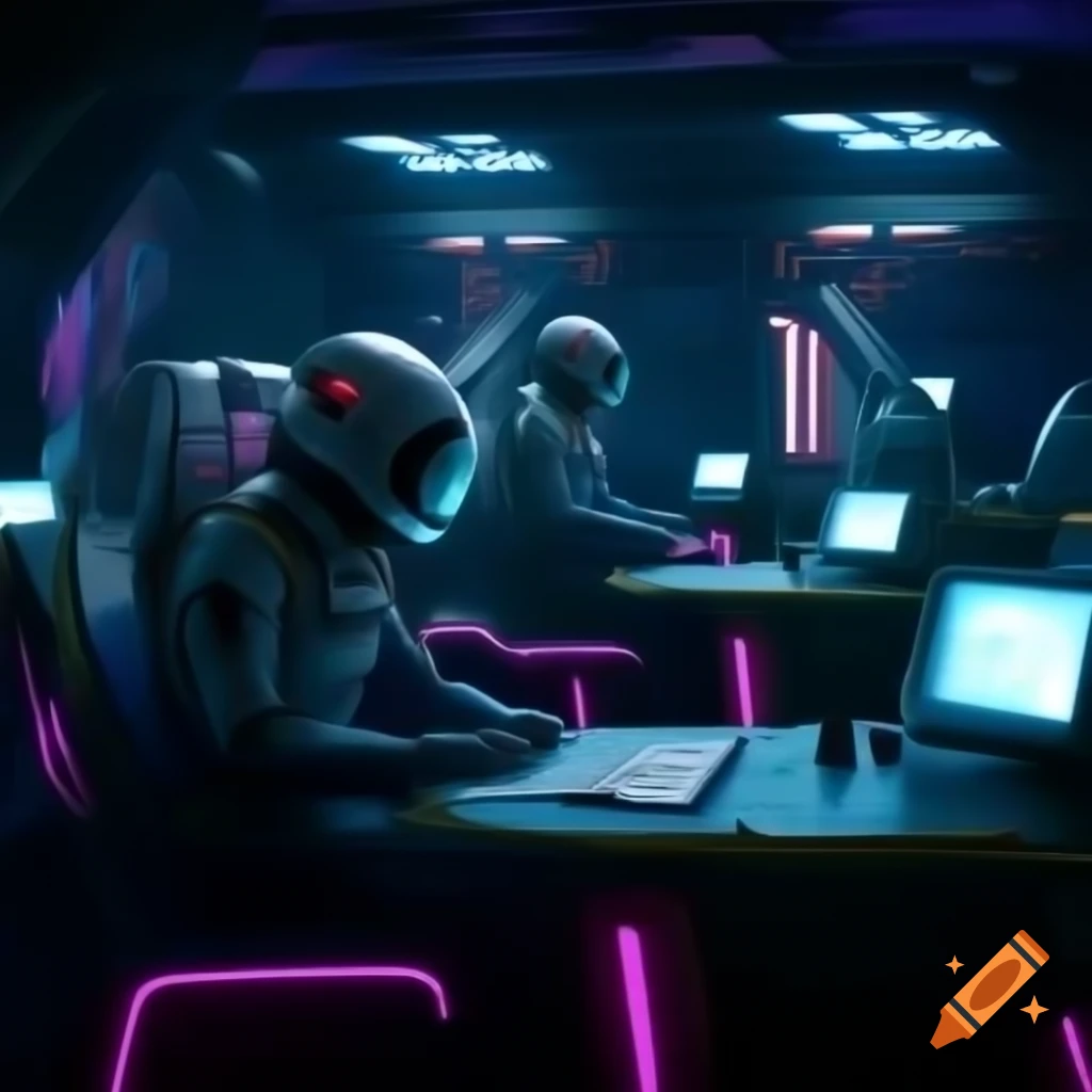 Futuristic spaceship interior in VHS aesthetic with cyberpunk crew in sleek spacesuits