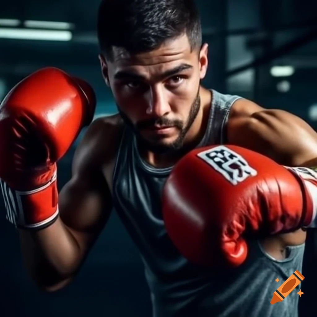 Young man boxing in gym with red gloves, focusing on punching bag