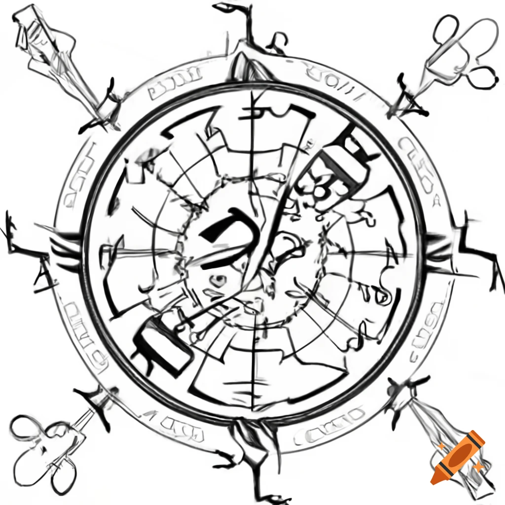 Intricate sketch of large runic circle with Sanskrit symbols and branches