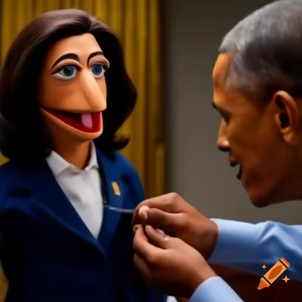 Sock puppet resembling Kamala Harris in navy suit talking with Barack Obama