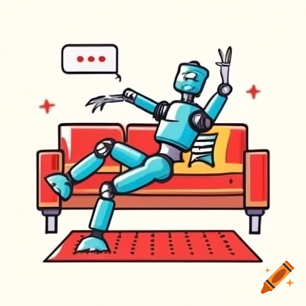 Robot posing on Victorian style couch for an artist