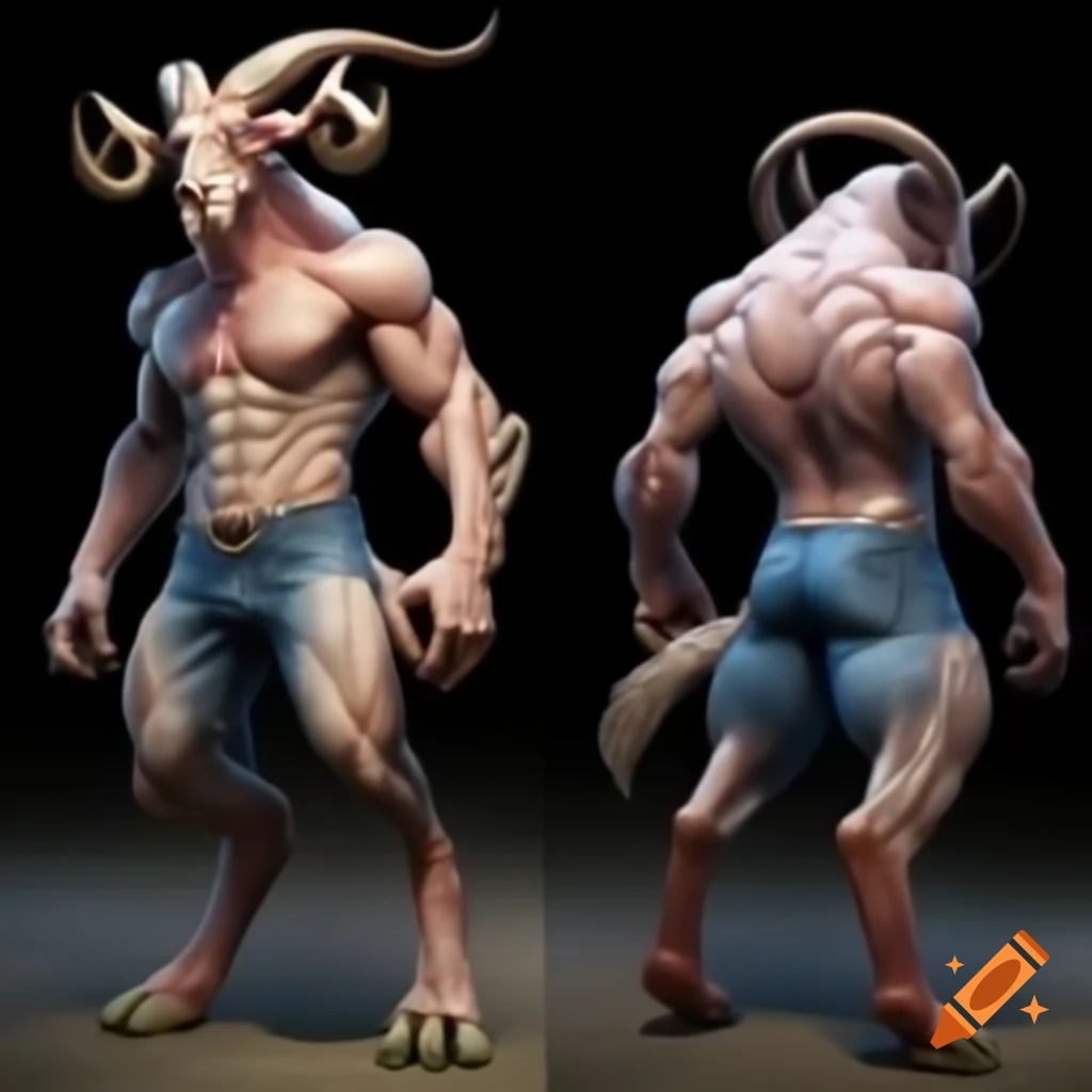 Strong goat-headed demon with large horns and muscular build in standing posture