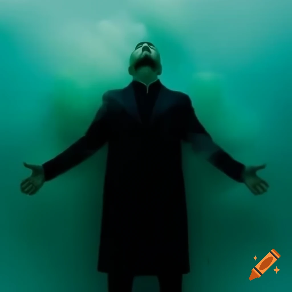 Man in black lab coat standing in turquoise mist, ominous atmosphere