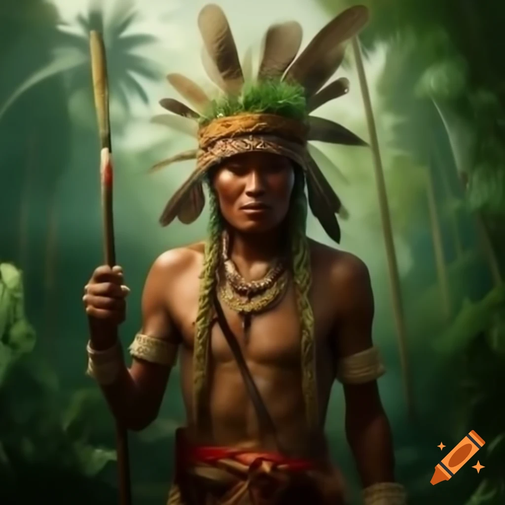 Dayak warrior in traditional clothing with hornbill feather headpiece in dense forest
