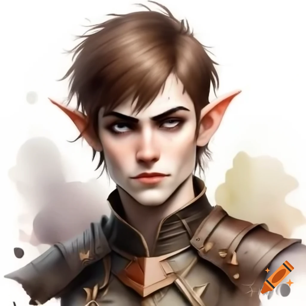 Young half-elf man with brown hair and studded leather armor, soft features