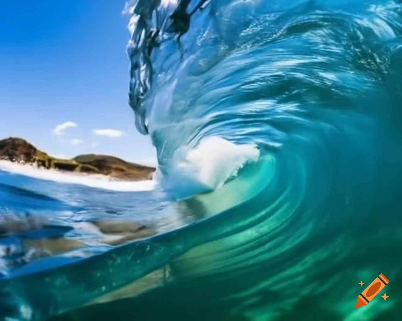 Cinematic view from inside a wave with sunlight and shimmering foam