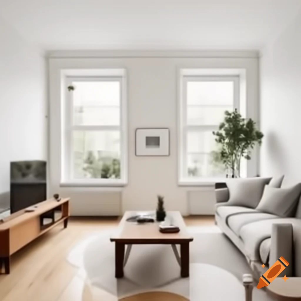 Small rectangular living room with white walls, wood floor, and windows