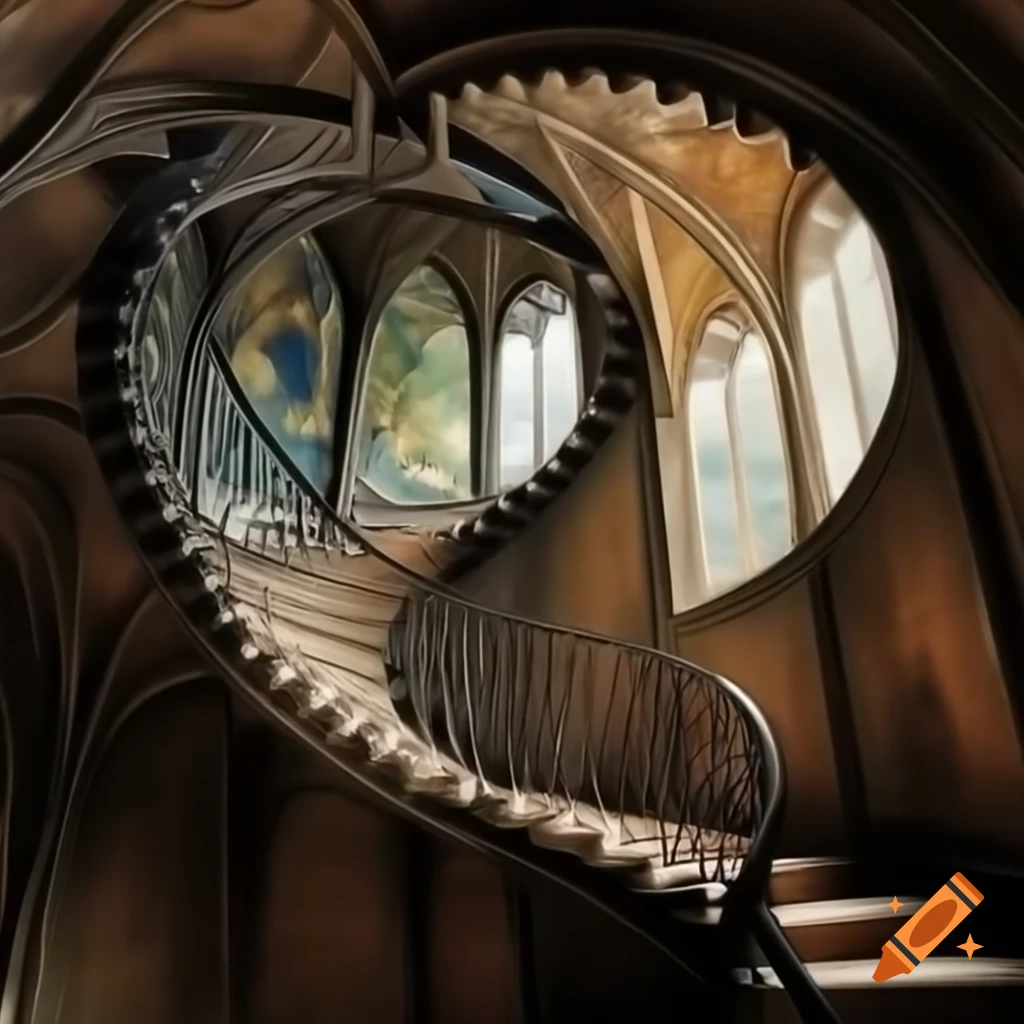Topdown impressionist view of gothic spiral staircase forming an infinity maze