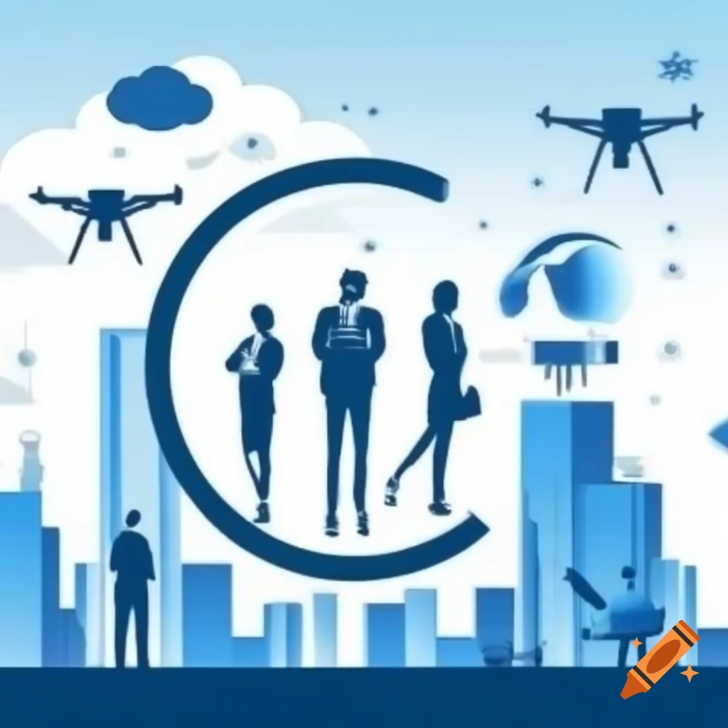 Minimalistic logo with silhouetted businessmen and businesswomen in front of skyscrapers and clouded sky with drones and satellites