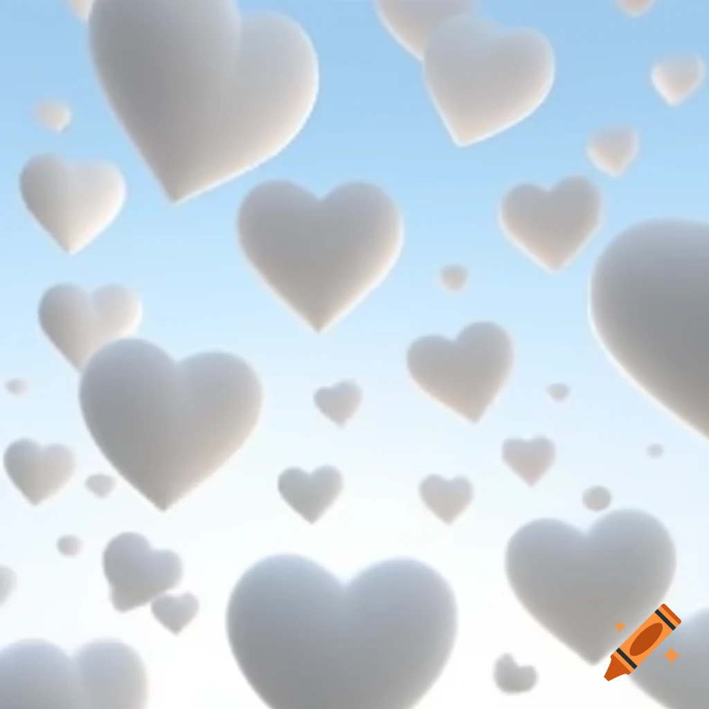 White hearts flying across a white background