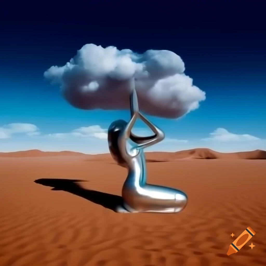 Surreal 2000s photography featuring silver statue of a woman in desert with cloudy sky