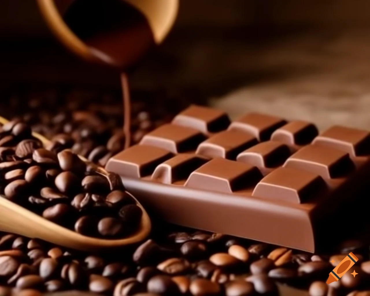 Chocolate bar surrounded by coffee beans with soft lighting