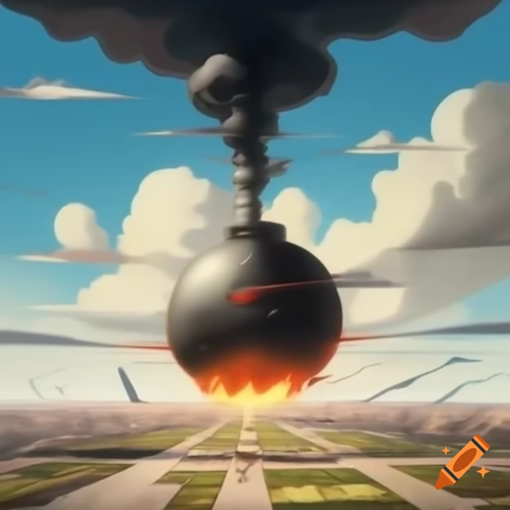 Soviet-style propaganda image of bomb descending from the sky with dramatic angular lines