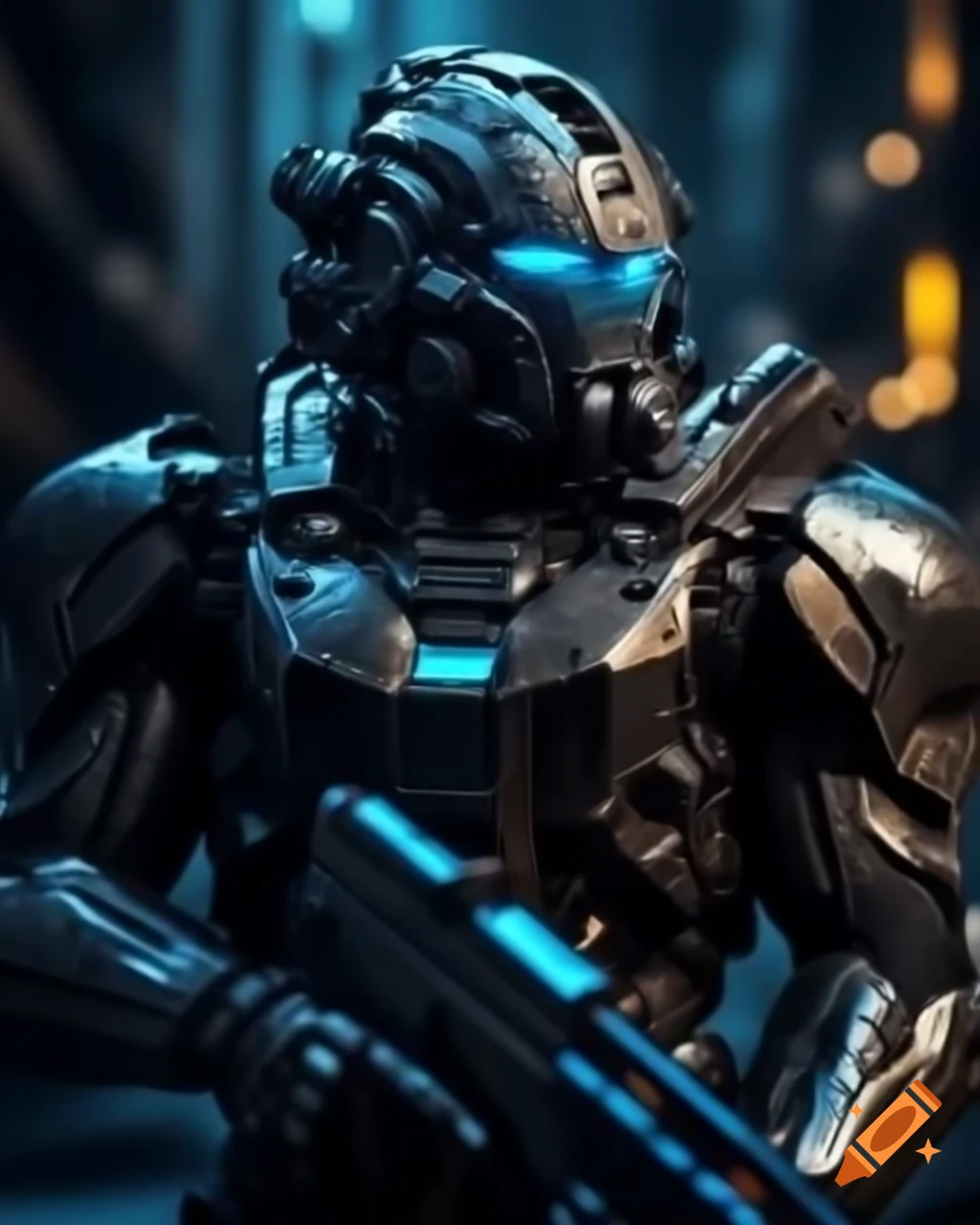Futuristic soldier in black and blue armor with glowing eyes holding a gun