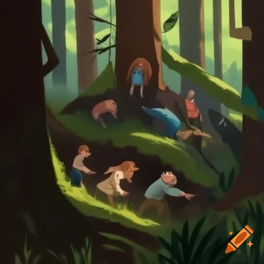 Group navigating through dense forest