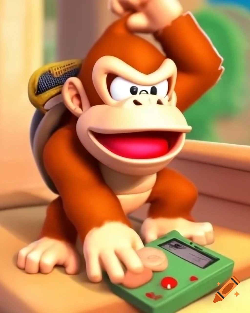 Donkey Kong character playing on a Game Boy